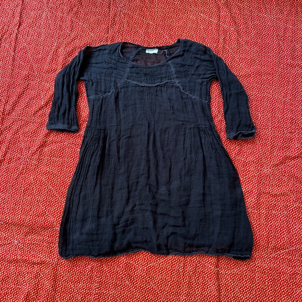 Black Linen Gauze antique style Tunic Dress S/M 3/4 Sleeve Lace Trim Pintuck